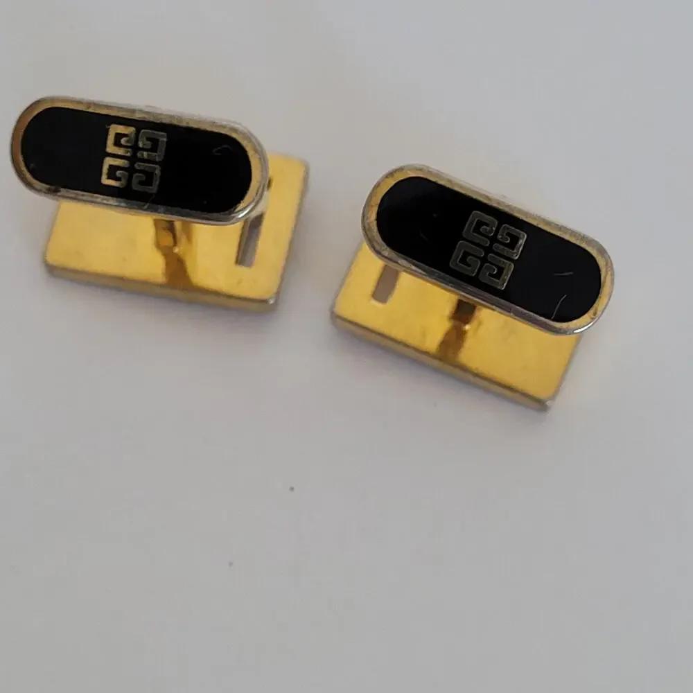Givenchy Cufflinks Set Gold Silver Black Tone Rectangle Logo Vintage Designer